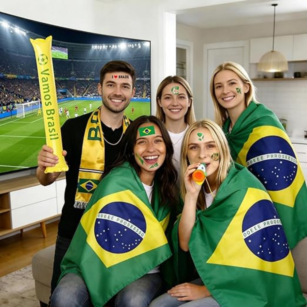 Set fan fotbal Brazilia cu steag, pelerină, eșarfă și corn pentru petrecere