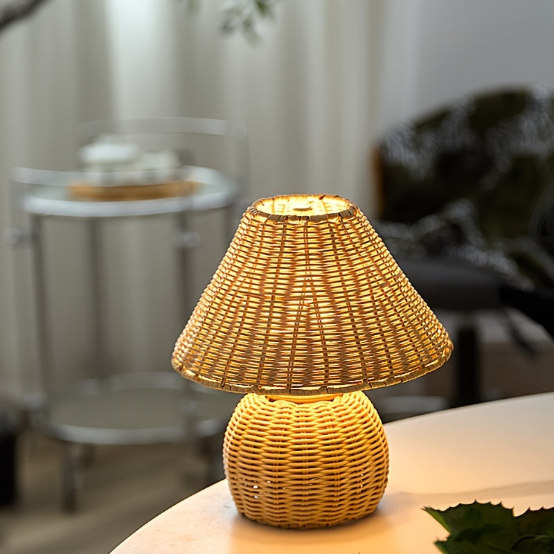 Lampă de birou din bambus împletit | Lumină de accent boho alimentată prin USB