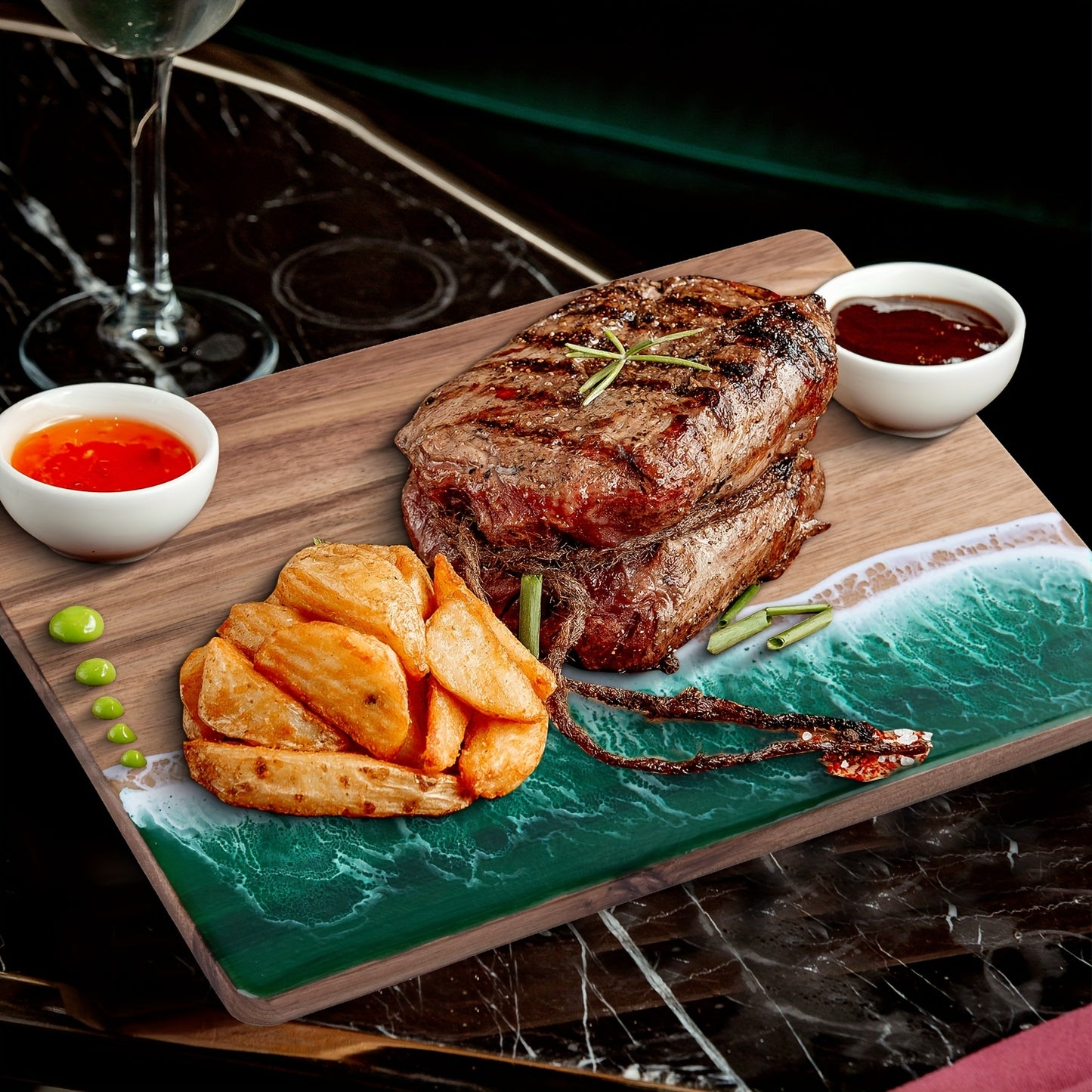 Placă de tăiat din rășină Wave | Placă de brânză și servire din lemn de acacia inspirată de ocean