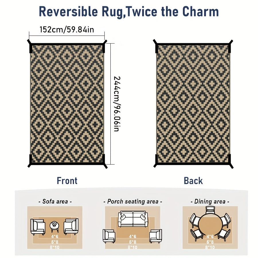 Reversible Outdoor Rug | Beige & Black Geometric Patio Mat
