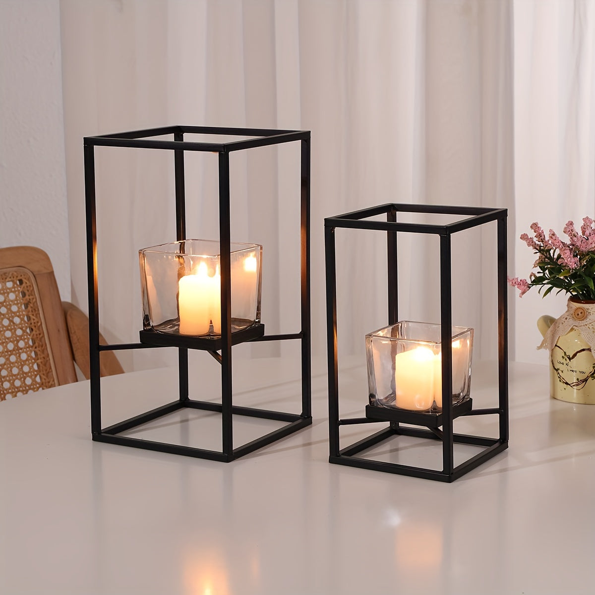 Black Iron Square Candle Holder with Glass Insert | Elegant Windproof Design