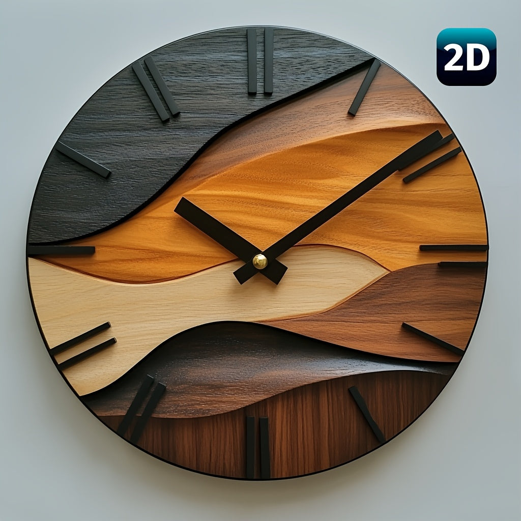 Artistic Round Glass Wall Clock | Nordic Style Faux Wood Grain Design