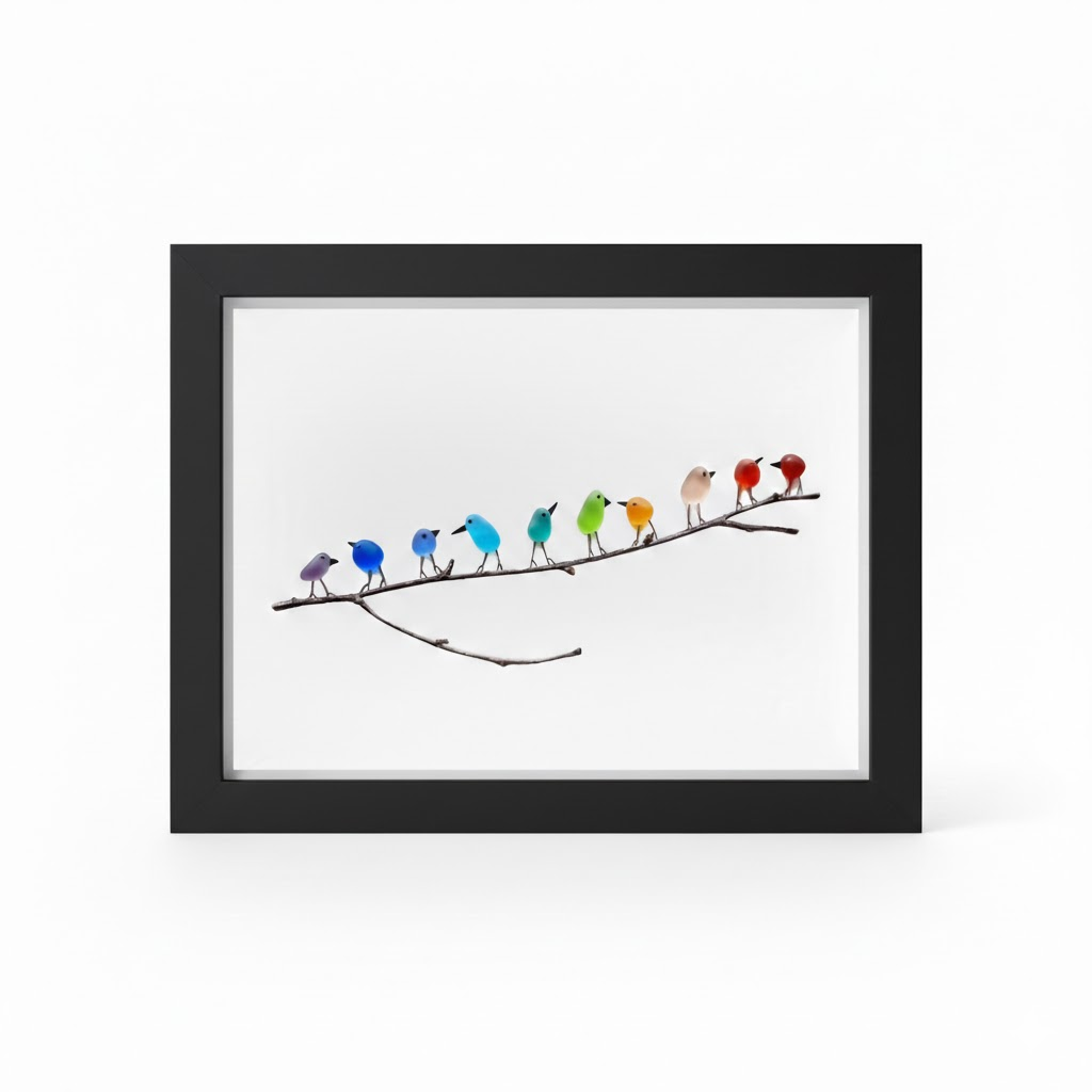 Moldura de Parede com Arte em Vidro do Mar, Pássaro e Madeira Flutuante para Decoração Costeira