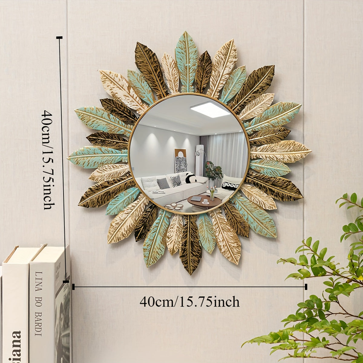 Bohemian Sunburst Metal Wall Mirror | Teal & Gold Leaf Design