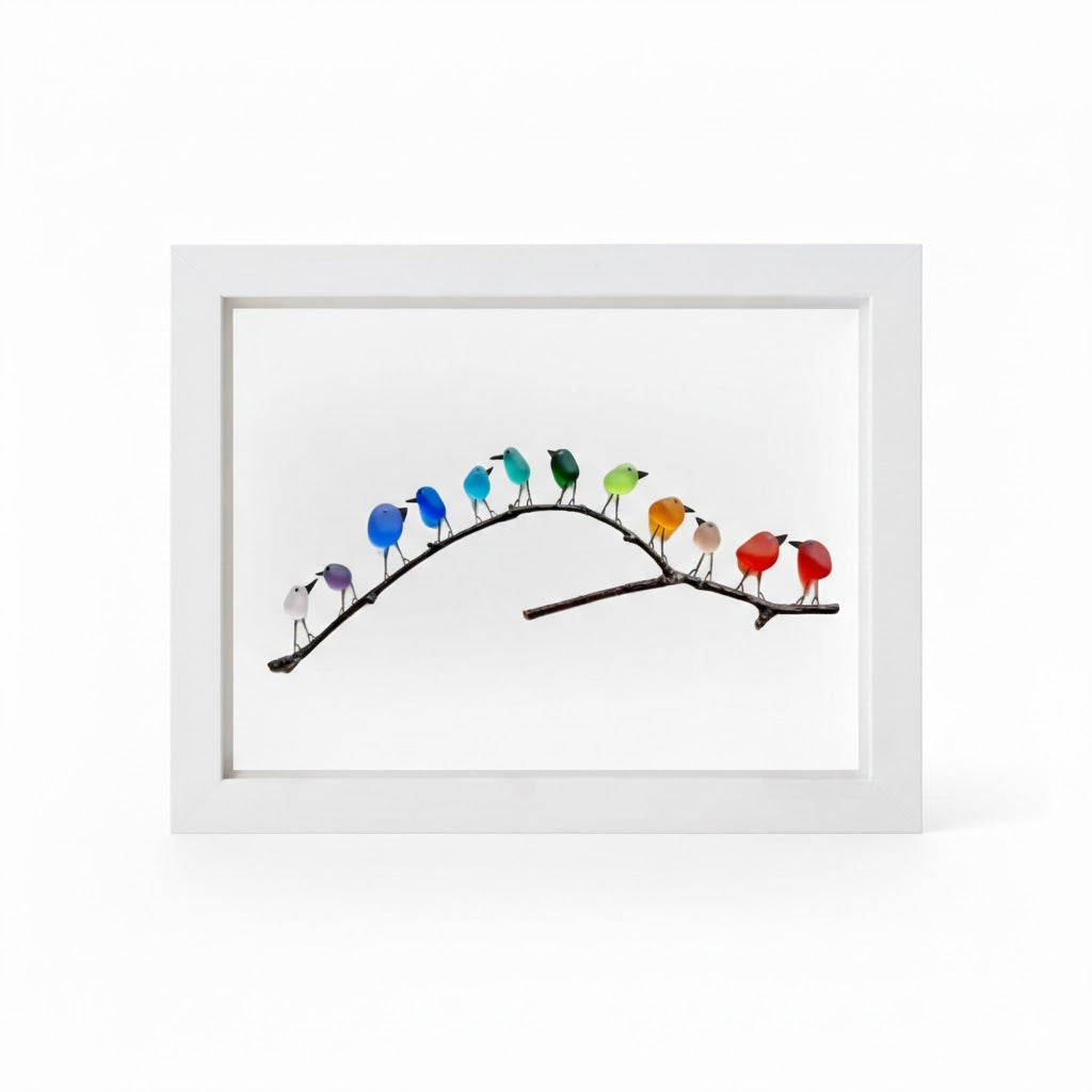 Moldura de Parede com Arte em Vidro do Mar, Pássaro e Madeira Flutuante para Decoração Costeira