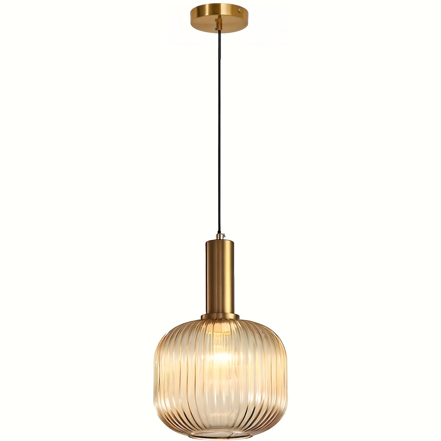 Moderne gestreifte Glas-Pendelleuchte | Messing & gerippter Glasschirm