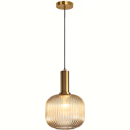 Moderne gestreifte Glas-Pendelleuchte | Messing & gerippter Glasschirm