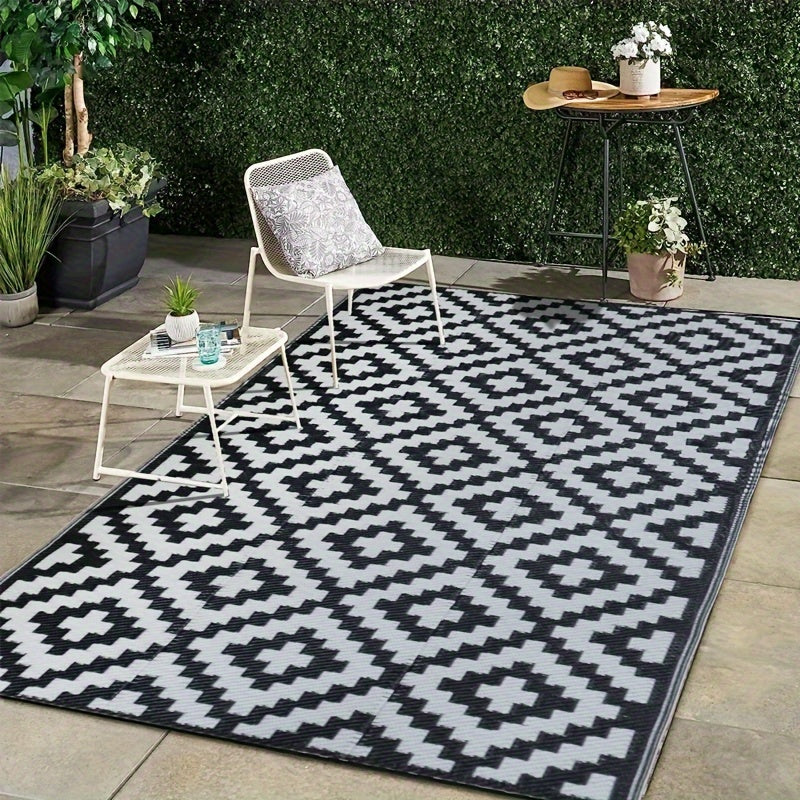 Tappeto da Esterno Reversibile | Tappeto per Patio Geometrico Nero e Bianco
