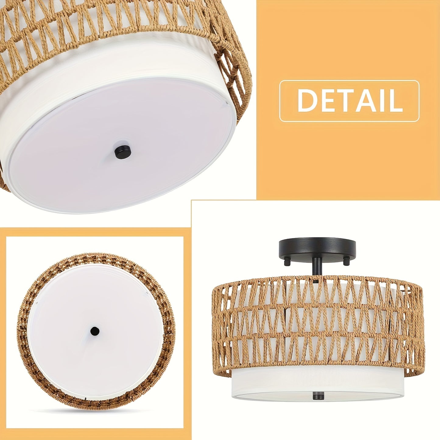 Luminária de Teto Boho em Rattan | Montagem Semi-Embutida com Abajur de Linho