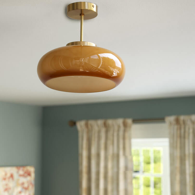 Vintage Brass Yellow Glass Ceiling Light | Semi-Flush Mount