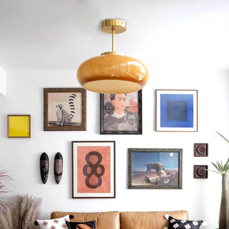 Vintage Brass Yellow Glass Ceiling Light | Semi-Flush Mount