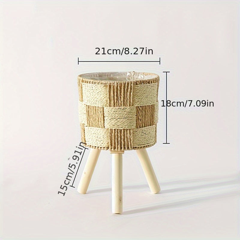 Boho Bambus Geflochtener Blumenständer | Handgefertigter Rattan-Pflanzer mit Holzbeinen