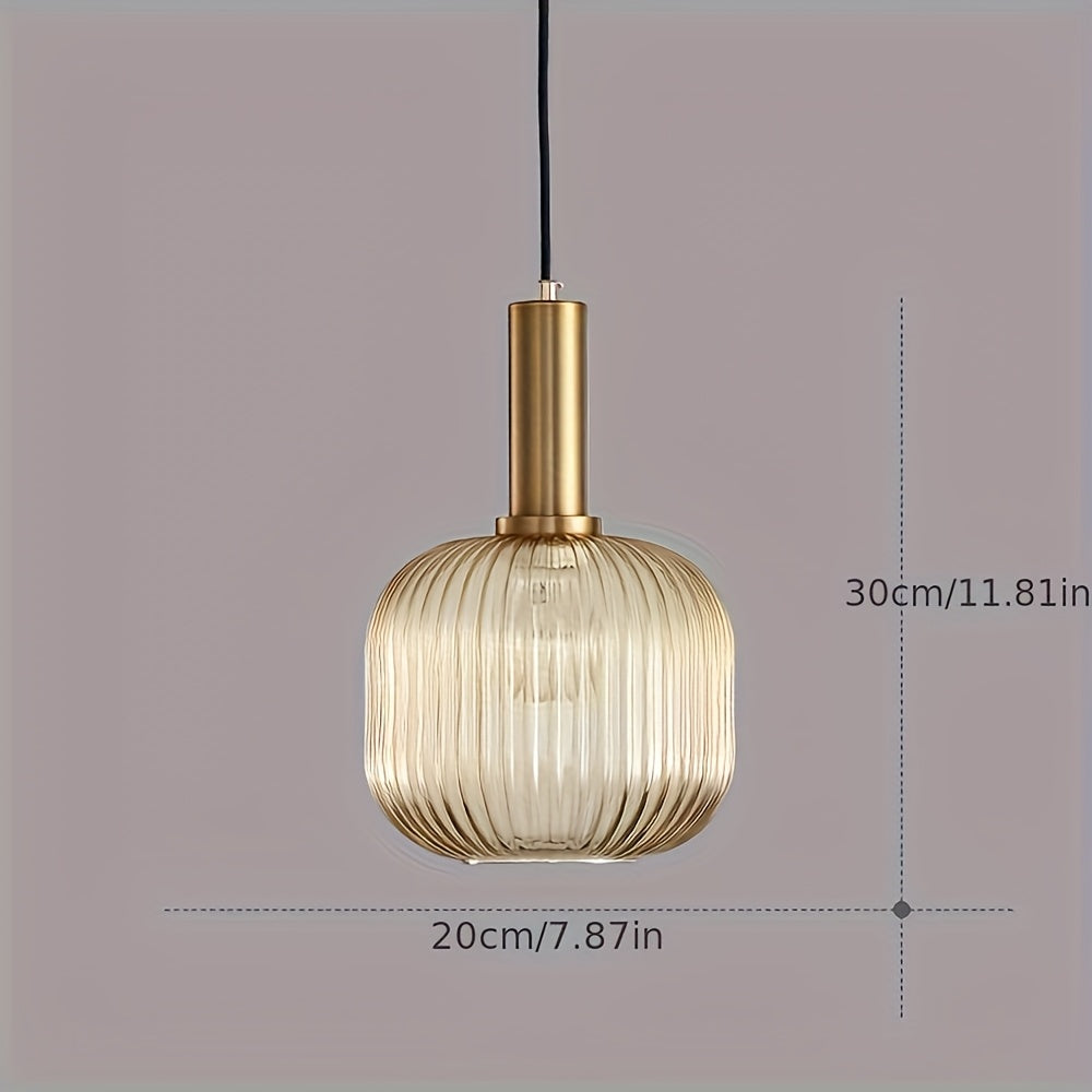 Moderne gestreifte Glas-Pendelleuchte | Messing & gerippter Glasschirm