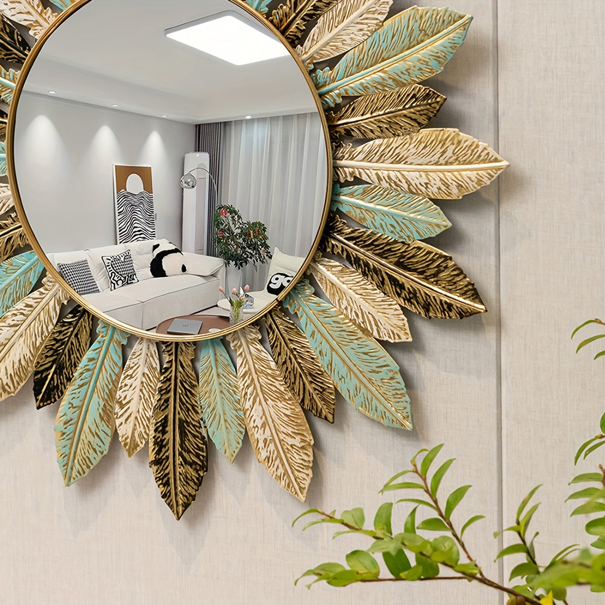 Bohemian Sunburst Metall-Wandspiegel | Türkis- und Goldblatt-Design