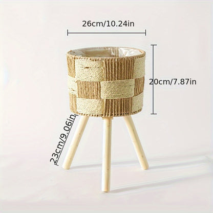 Boho Bambus Geflochtener Blumenständer | Handgefertigter Rattan-Pflanzer mit Holzbeinen