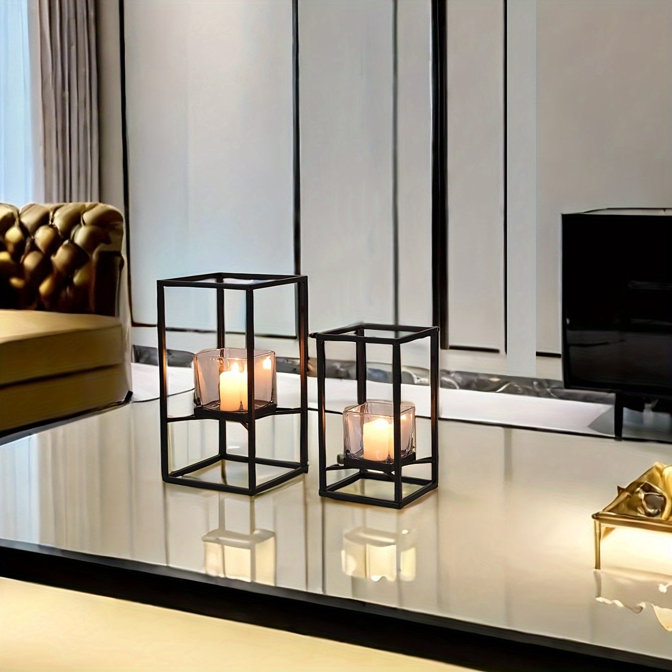 Black Iron Square Candle Holder with Glass Insert | Elegant Windproof Design