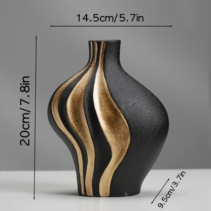 Vază Ceramică Modernă | Neagră și Albă cu Accente Aurii – Decorațiune de Lux pentru Masă și Semineu
