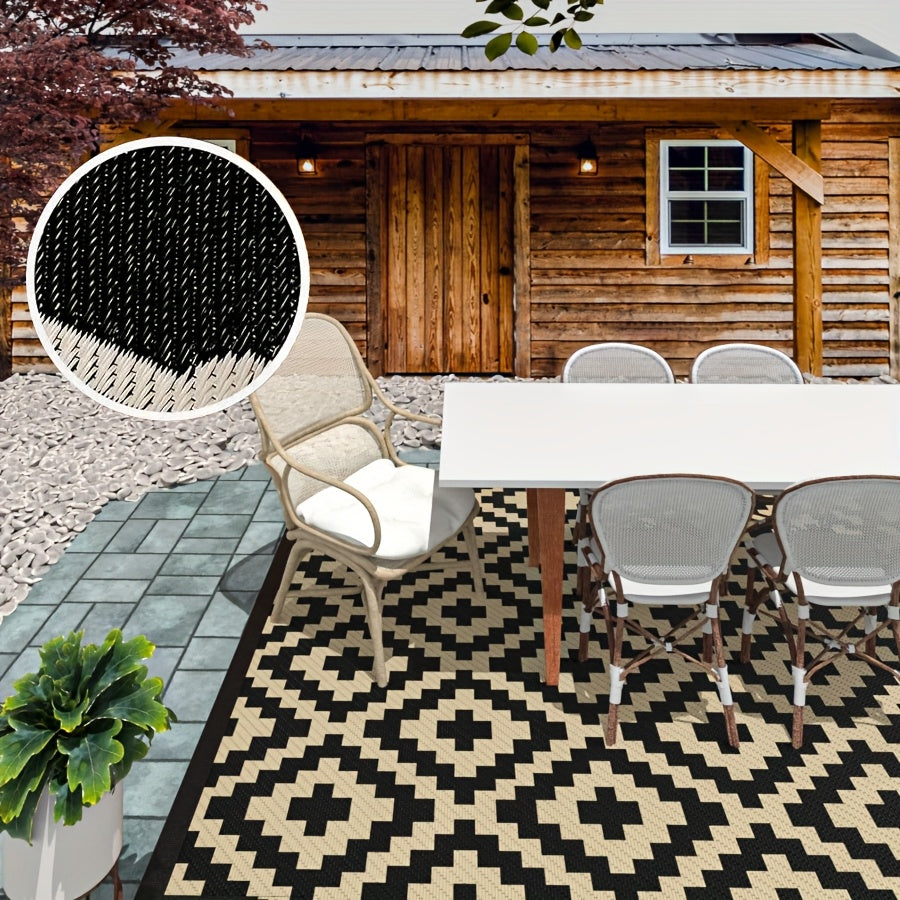 Reversible Outdoor Rug | Beige & Black Geometric Patio Mat