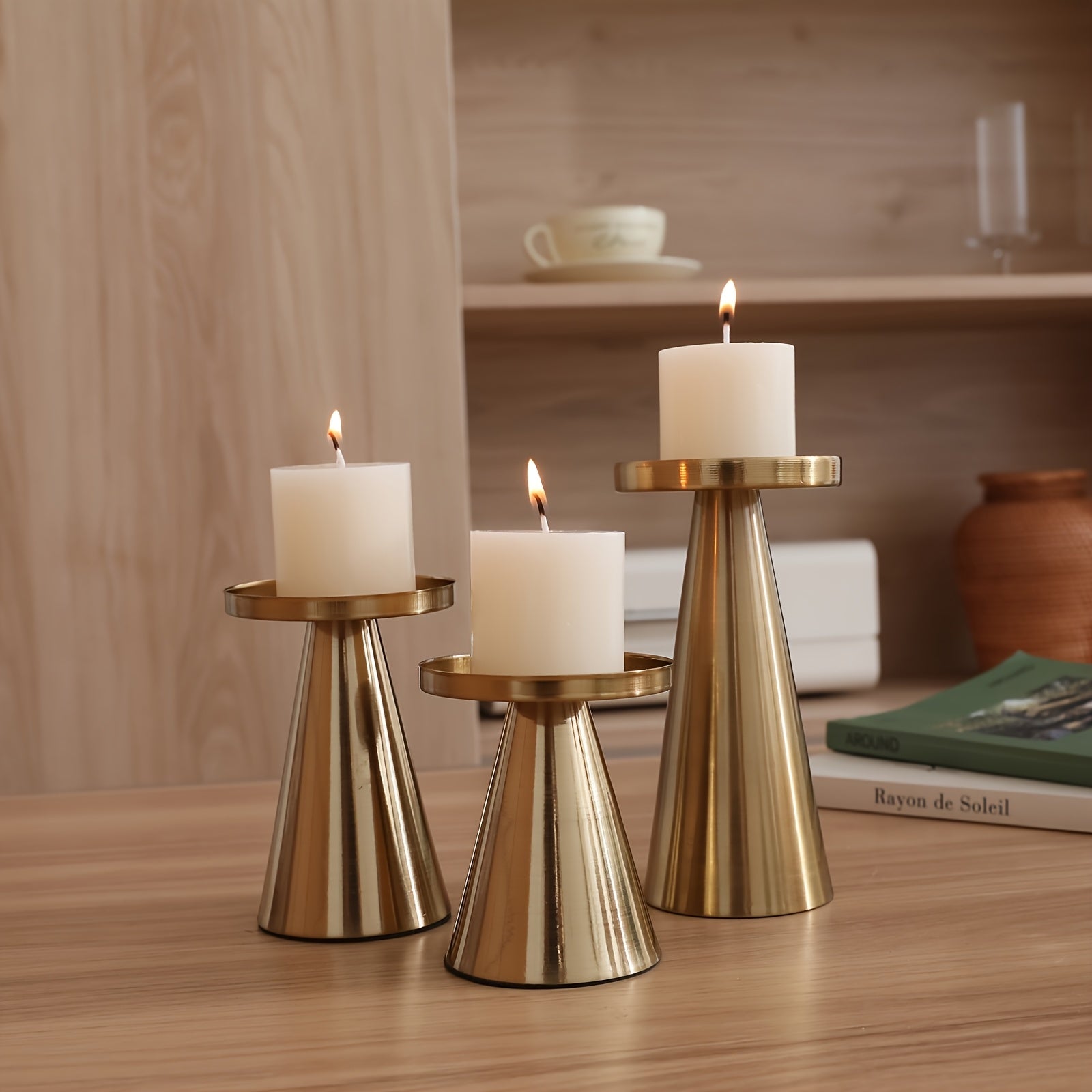 Metallic Cone Candle Holders | Set of 3 Bronze Table Centrepieces