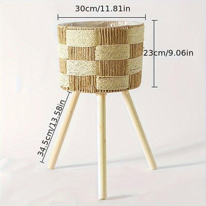 Boho Bambus Geflochtener Blumenständer | Handgefertigter Rattan-Pflanzer mit Holzbeinen