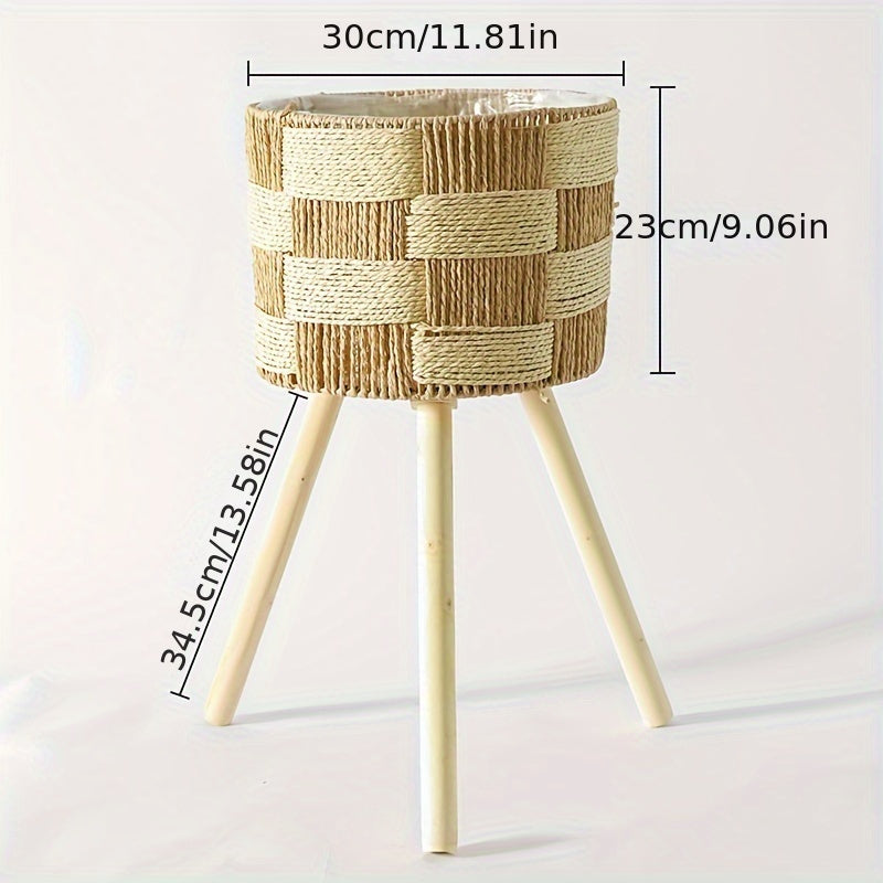 Bohemian Bamboo Woven Flower Stand | Handcrafted Rattan Planter with Wooden Legs