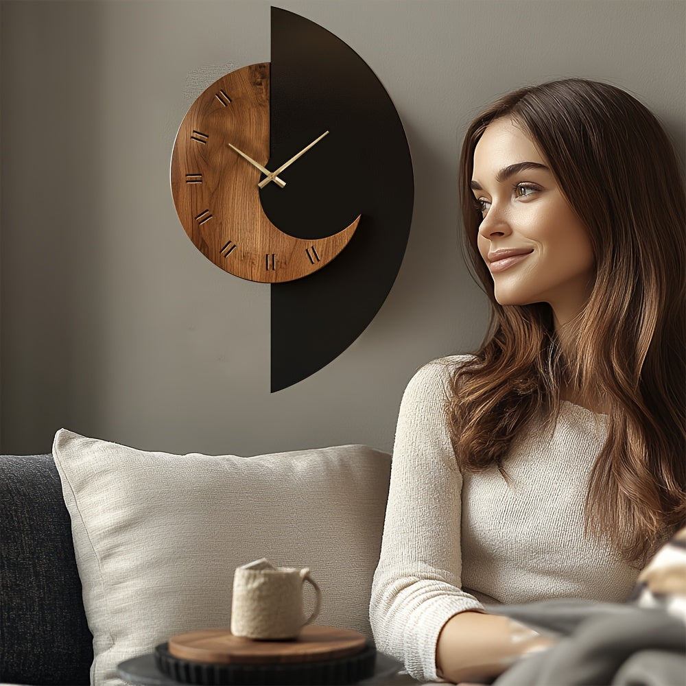 Reloj de Pared Moderno de Madera en Forma de Media Luna | Silencioso y Funciona con Batería
