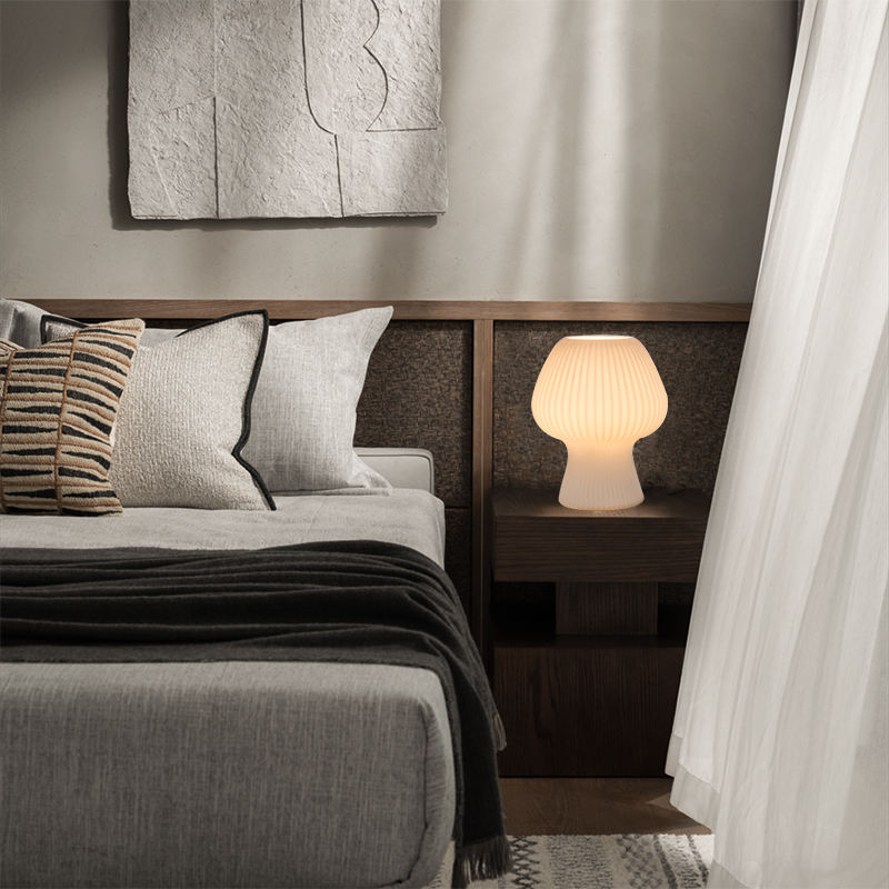 Vintage Bedside Table Lamp | Ribbed Glass Mushroom Lamp
