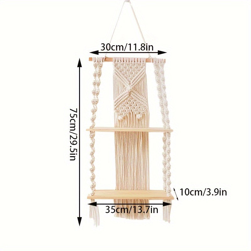 Prateleira de Parede Boho em Macramé | Estante Suspensa de 2 Níveis
