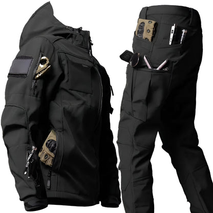 Giacca e pantaloni tattici da uomo per esterni, robusti, con molte tasche e cappuccio