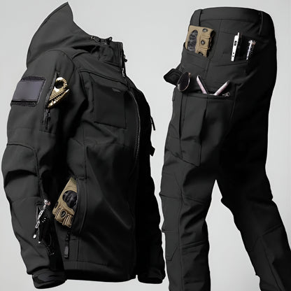 Giacca e pantaloni tattici da uomo per esterni, robusti, con molte tasche e cappuccio