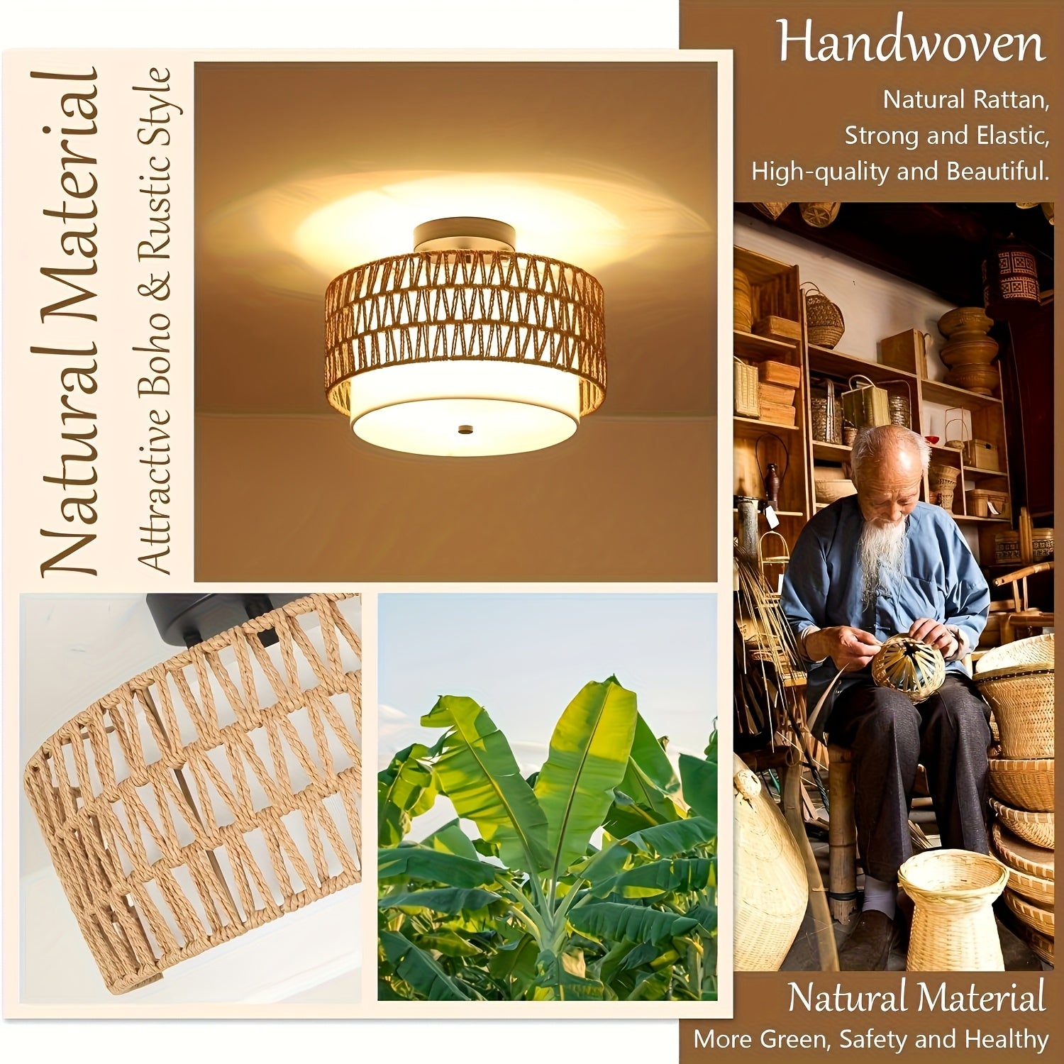 Boho Rattan Ceiling Light | Semi-Flush Mount with Linen Shade