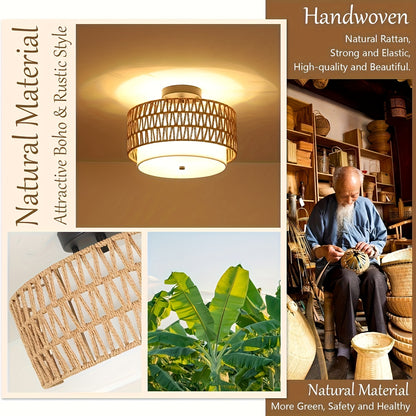 Luminária de Teto Boho em Rattan | Montagem Semi-Embutida com Abajur de Linho