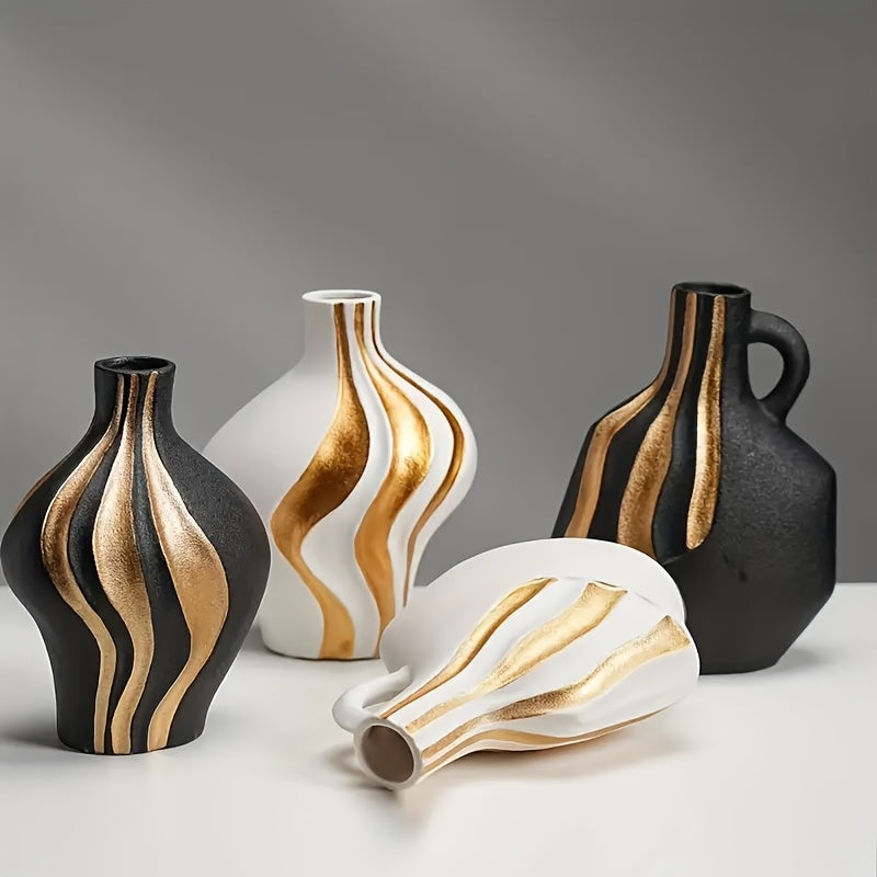 Vază Ceramică Modernă | Neagră și Albă cu Accente Aurii – Decorațiune de Lux pentru Masă și Semineu