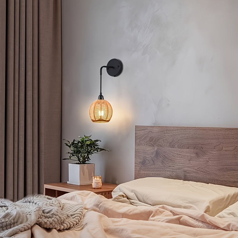 Candeeiro de Parede Boho em Rattan | Aplique Artesanal para Cabeceira e Sala de Estar