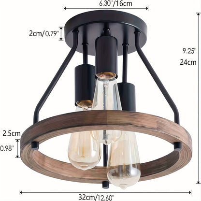 Lampada a Soffitto Industriale in Legno con Anello | Plafoniera Semincasso a 3 Luci