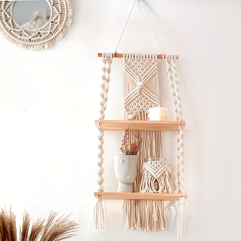 Prateleira de Parede Boho em Macramé | Estante Suspensa de 2 Níveis