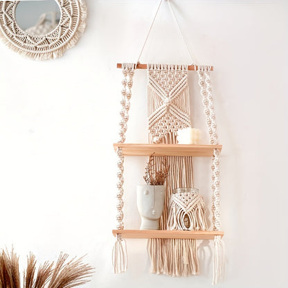 Prateleira de Parede Boho em Macramé | Estante Suspensa de 2 Níveis