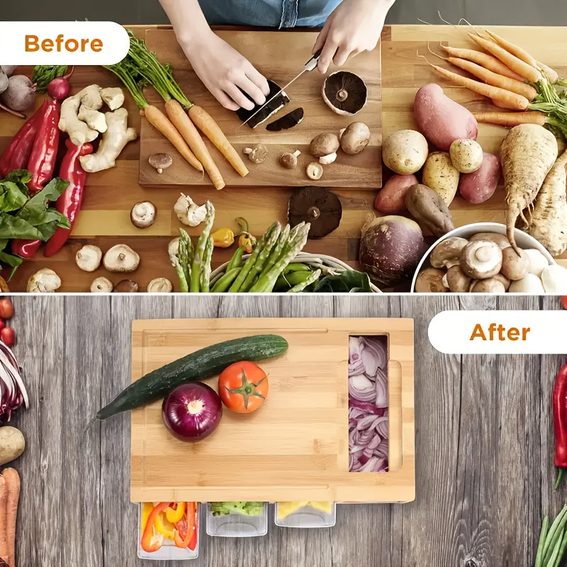 Placă de tăiat din bambus cu tăvi de depozitare și răzătoare | Stație multifuncțională pentru pregătirea alimentelor în bucătărie