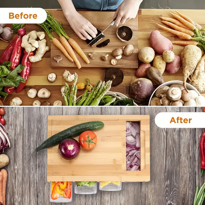 Placă de tăiat din bambus cu tăvi de depozitare și răzătoare | Stație multifuncțională pentru pregătirea alimentelor în bucătărie