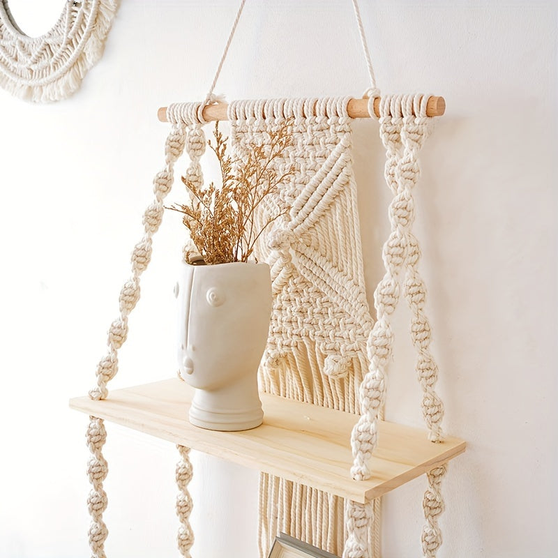 Boho Macrame Wall Shelf | 2-Tier Hanging Storage Rack