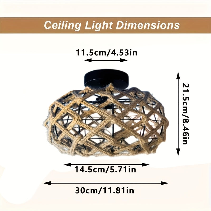 Bohemian Hemp Rope Ceiling Light | Handwoven Rustic Flush Mount Fixture