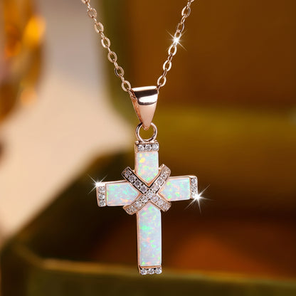 Necklace Cross Pendant Rose Gold Rhinestone Mothers Day Gift