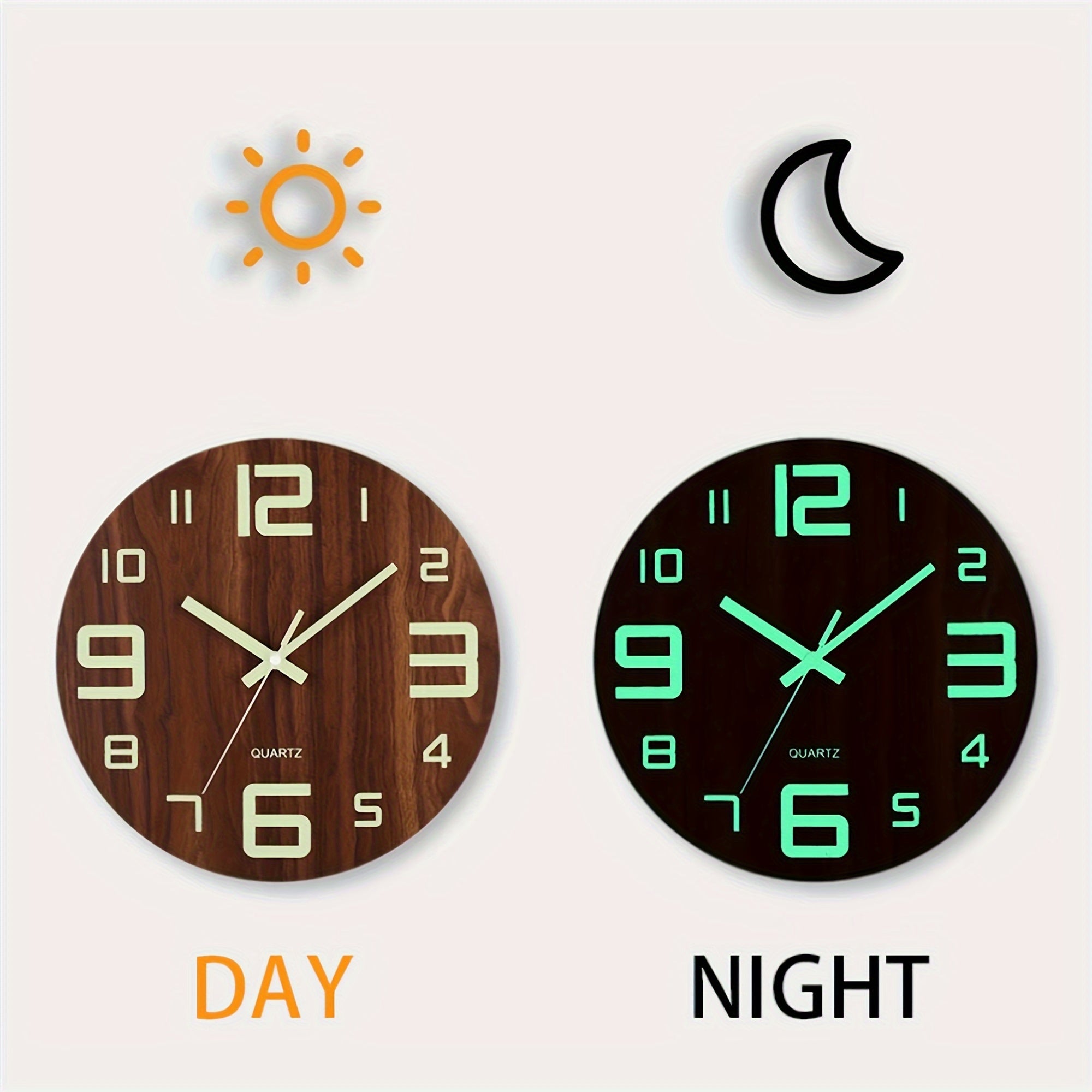 Walnut Luminous Wall Clock | Silent Glow-in-the-Dark Wooden Design