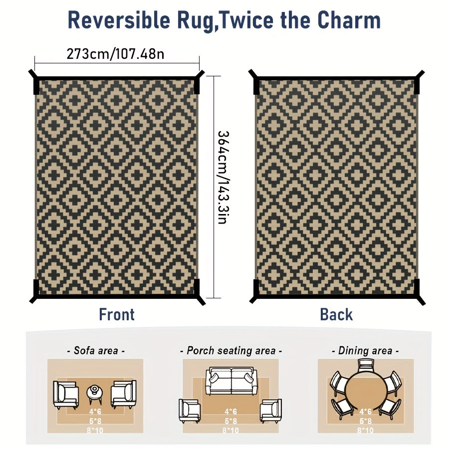 Reversible Outdoor Rug | Beige & Black Geometric Patio Mat
