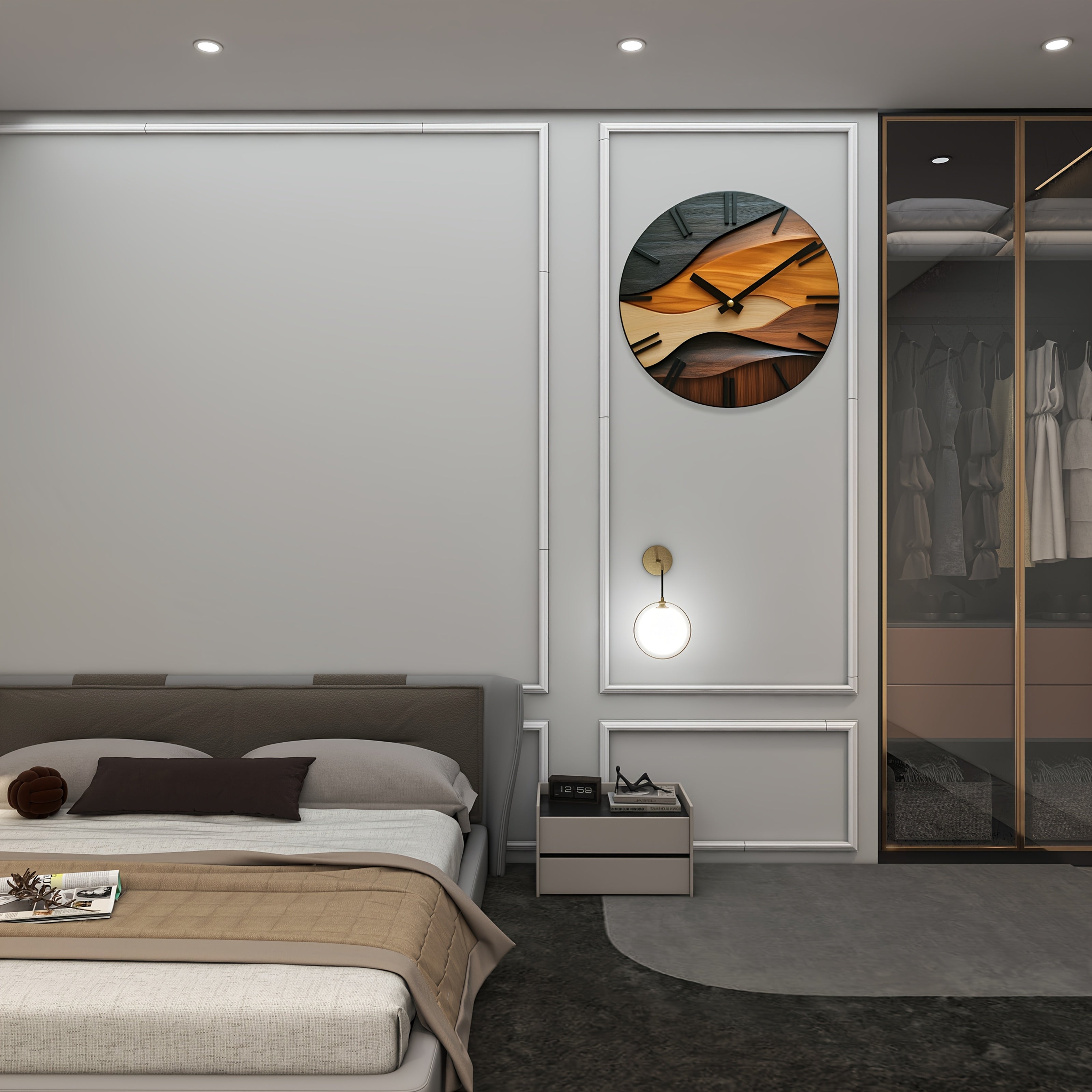 Artistic Round Glass Wall Clock | Nordic Style Faux Wood Grain Design