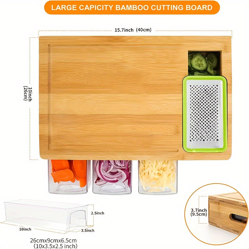 Bamboo Cutting Board with Storage Trays & Graters | Multifunctional Kitchen Prep Station