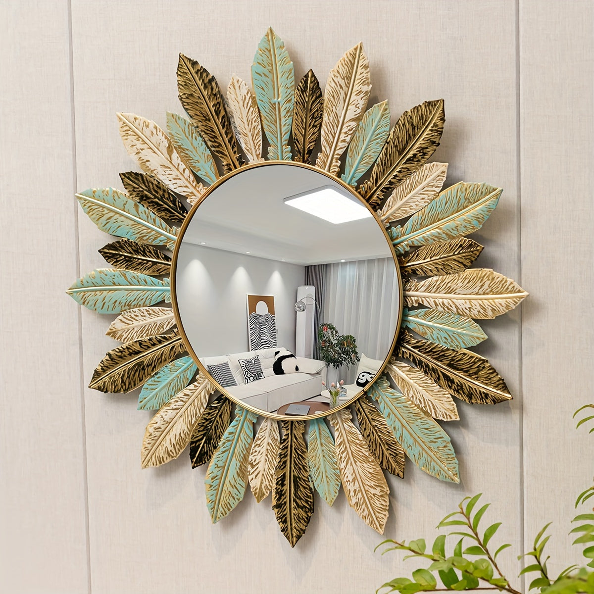 Bohemian Sunburst Metal Wall Mirror | Teal & Gold Leaf Design