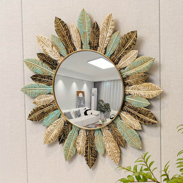 Specchio da Parete in Metallo Bohemien Sunburst | Design Foglia Verde Petrolio e Oro