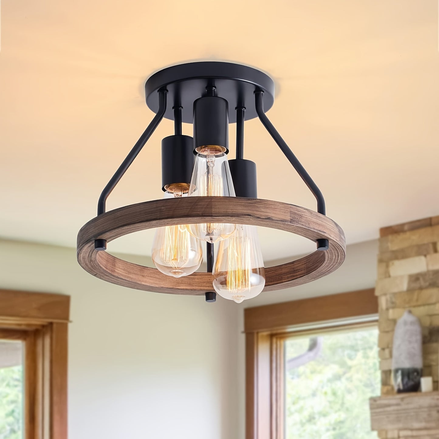 Lampada a Soffitto Industriale in Legno con Anello | Plafoniera Semincasso a 3 Luci
