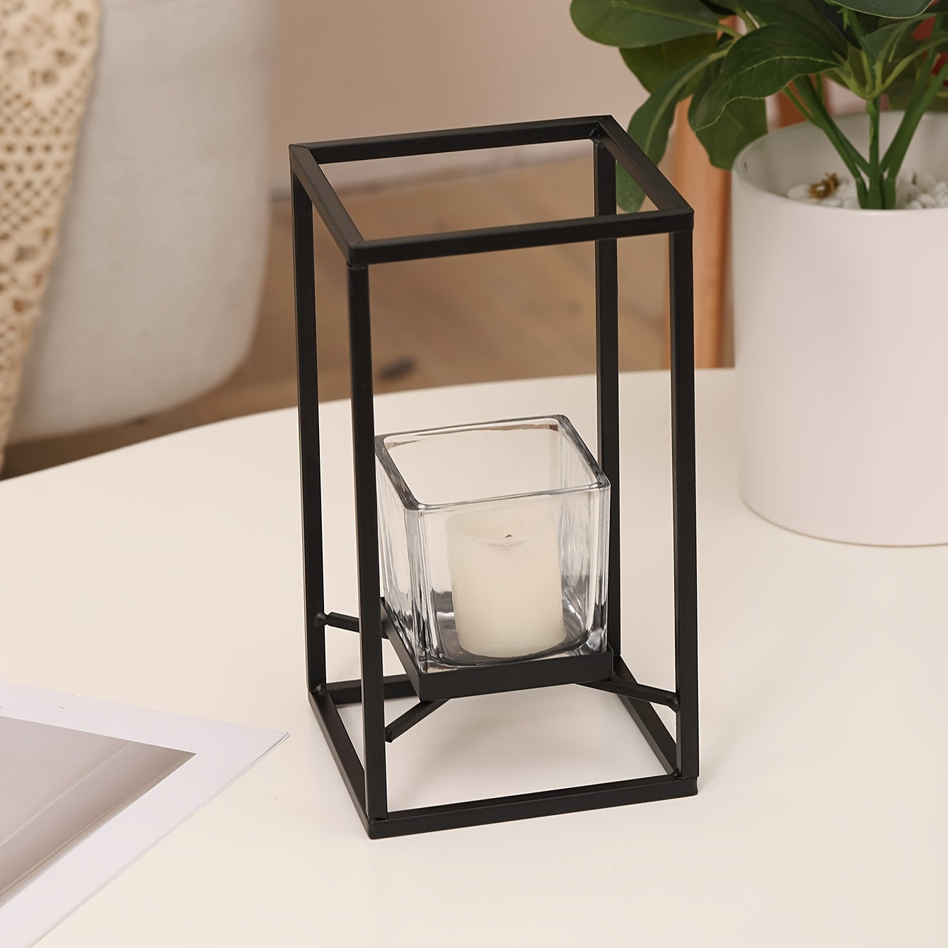 Black Iron Square Candle Holder with Glass Insert | Elegant Windproof Design